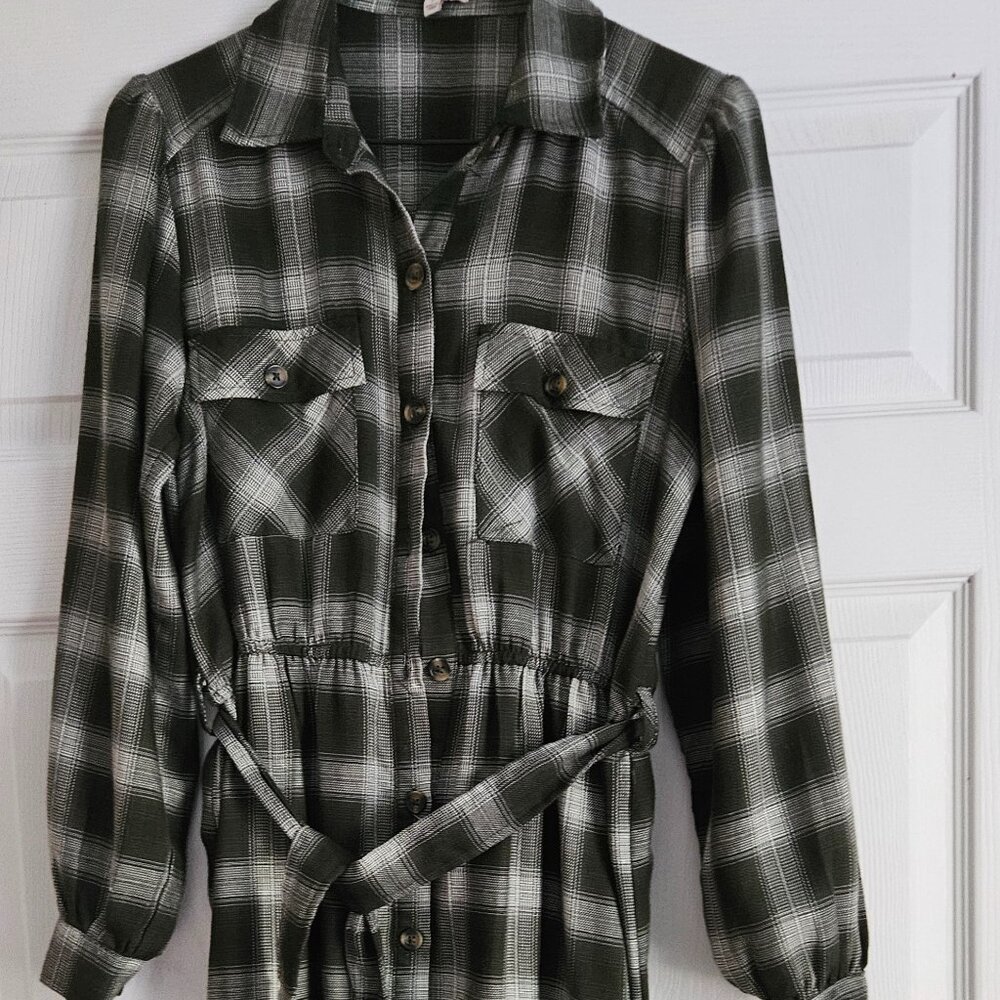 Green plaid midi button down dress